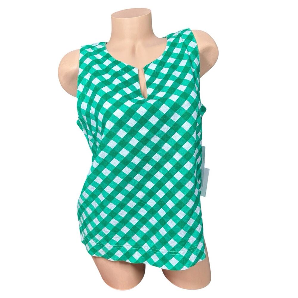 Liz Claiborne Linen Blend Gingham Check Sleeveless Top Shirt Green White Size‎ S